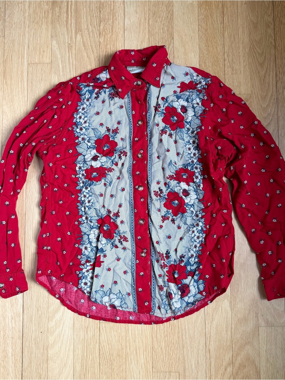Liz Claiborne Red Floral-Panel Button Front Blouse